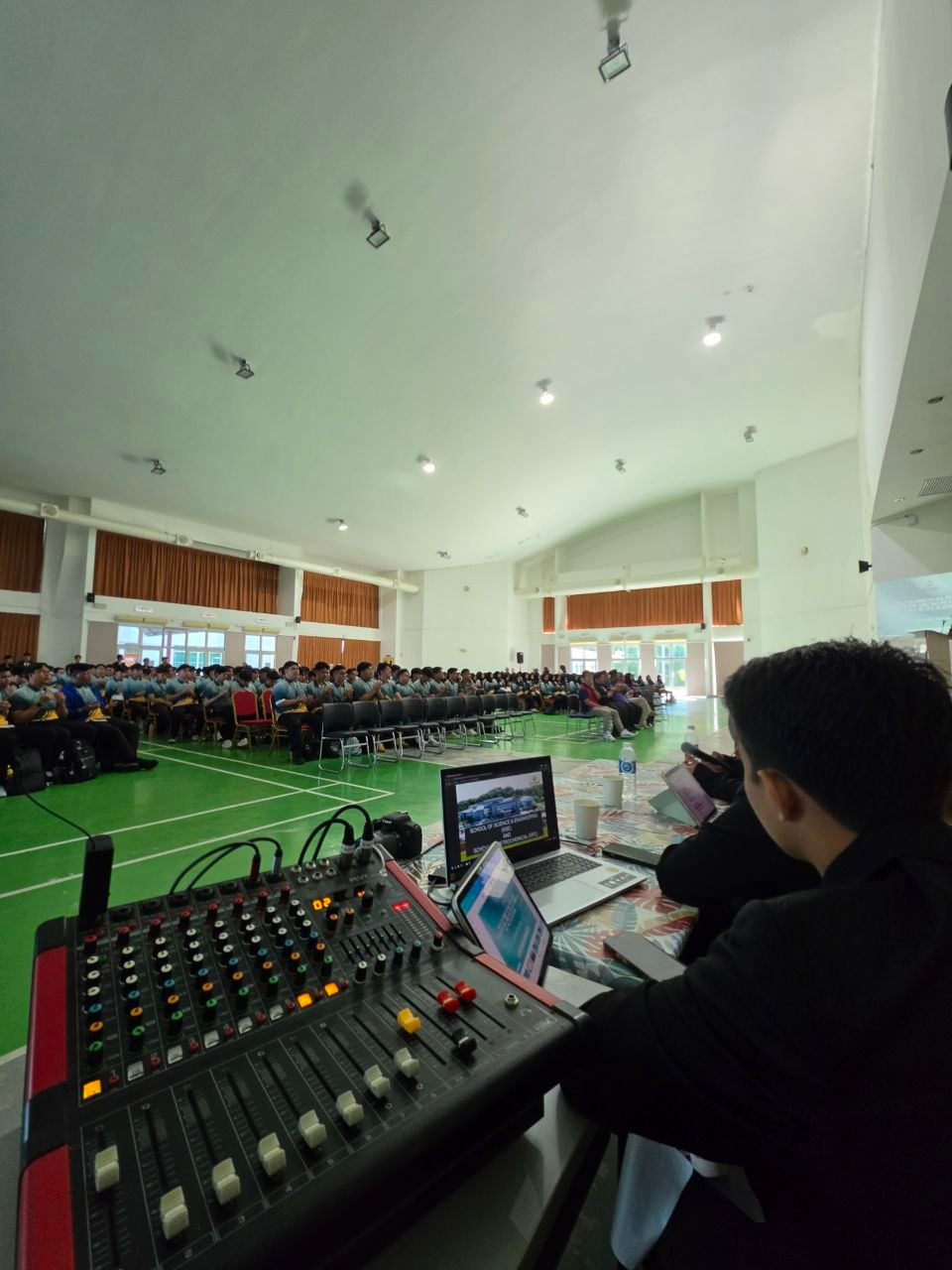 Sound control position overlooking the School Orientation Intake audience